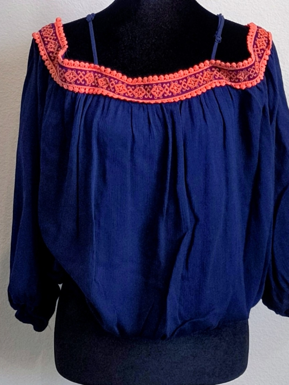 Women's Navy Off-Shoulder Blouse with Coral Trim
